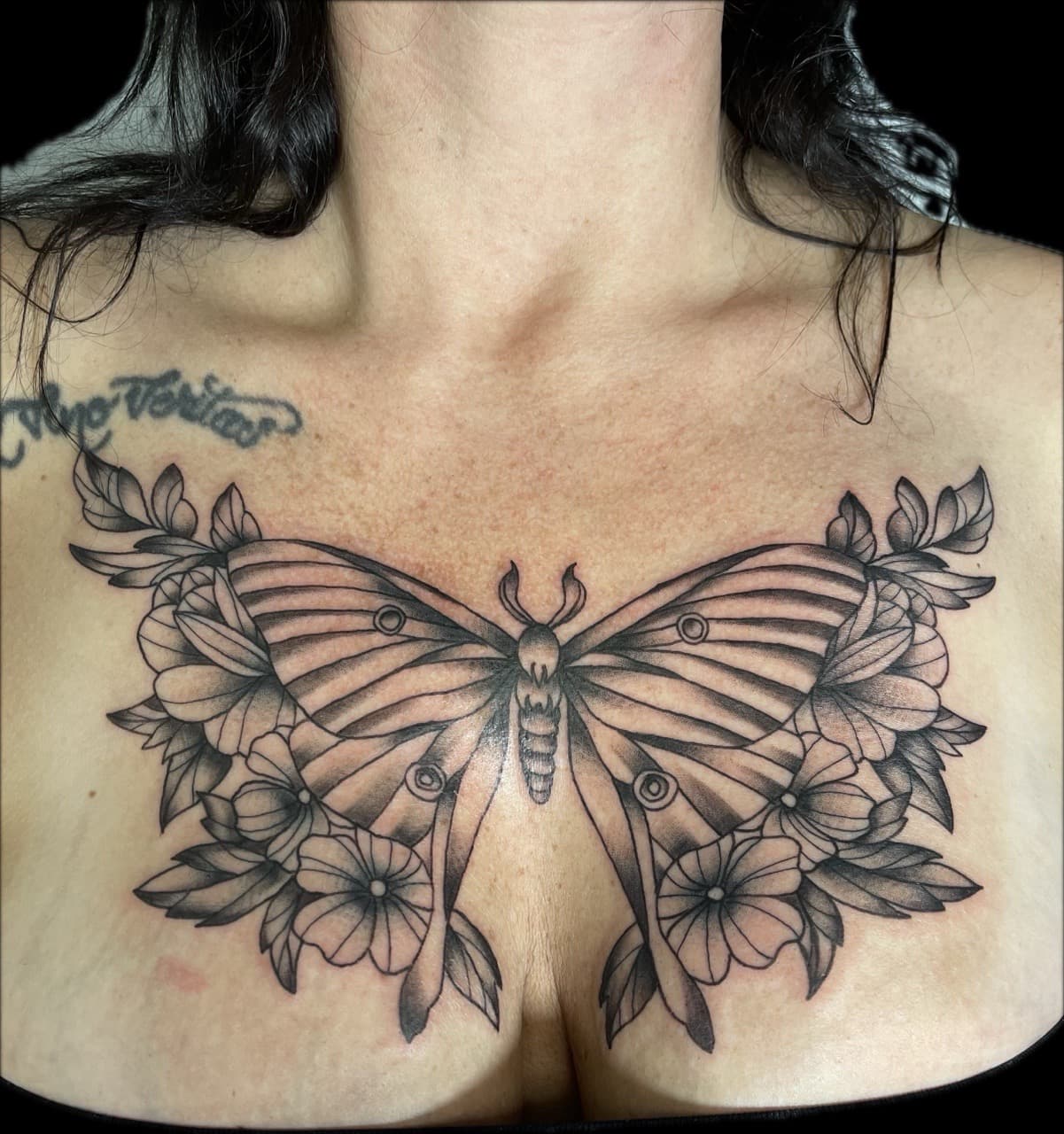 Black & Grey + Floral butterfly tattoo on Chest by Carmela_Bella on TattMe