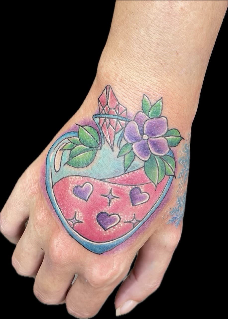 Illustrative + Color potion bottle tattoo on Hand by Carmela_Bella on TattMe