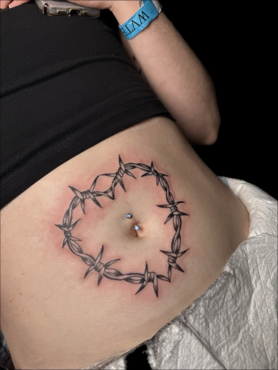 Black-work + Fine Line barbed wire tattoo on Stomach by Carmela_Bella on TattMe