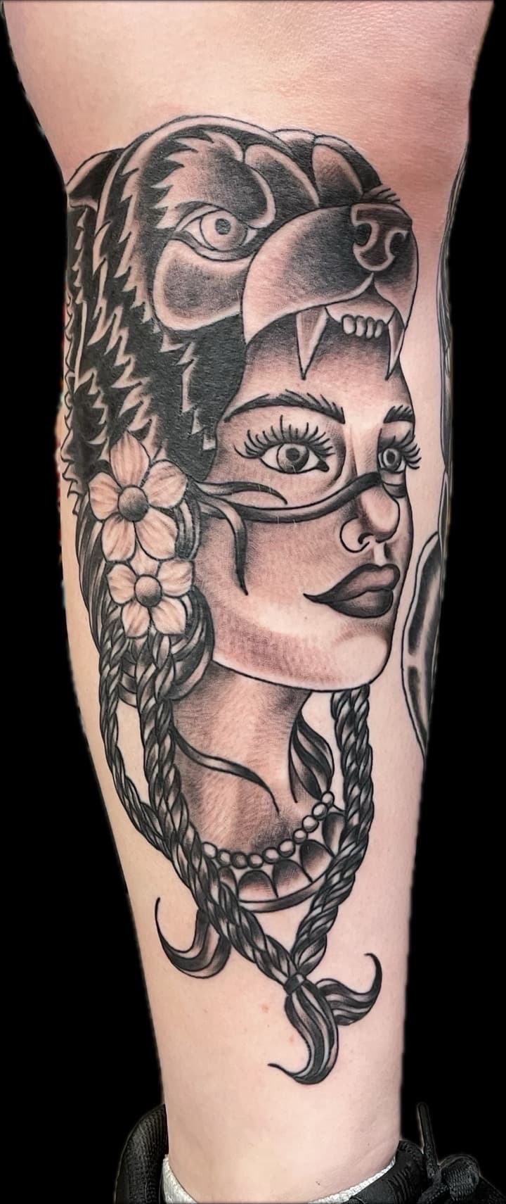 Black & Grey + Neo-Traditional woman tattoo on Calf by Carmela_Bella on TattMe