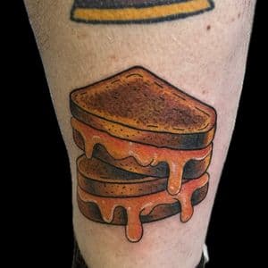 Traditional + Color grilled cheese tattoo on Calf by Carmela_Bella on TattMe