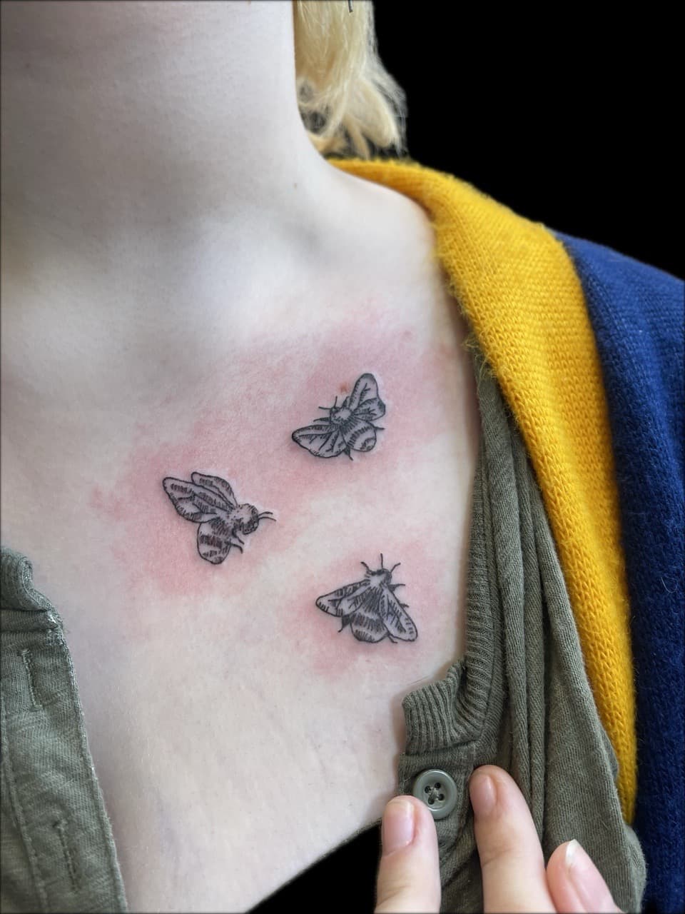 Fine Line + Black-work bees tattoo on Chest by Carmela_Bella on TattMe