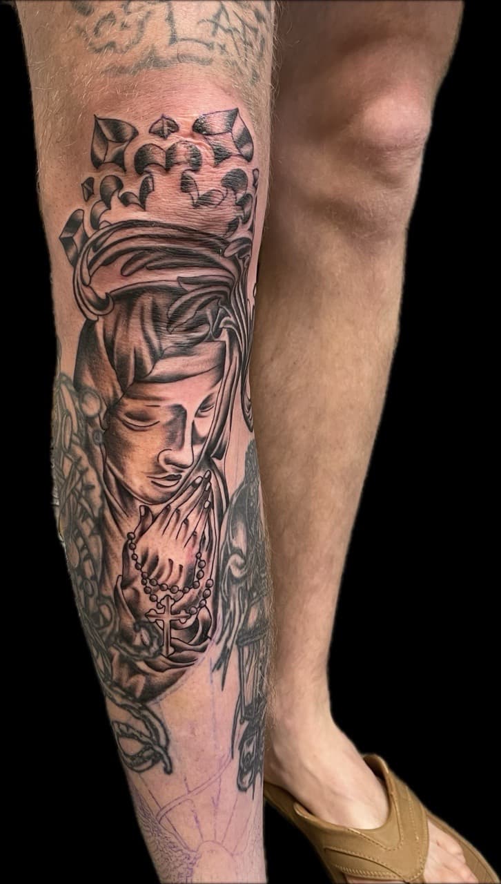 Black & Grey + Realism religious figure tattoo on Knee by Carmela_Bella on TattMe