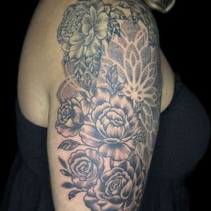 Floral + Black & Grey flowers tattoo on Half Sleeve by Carmela_Bella on TattMe