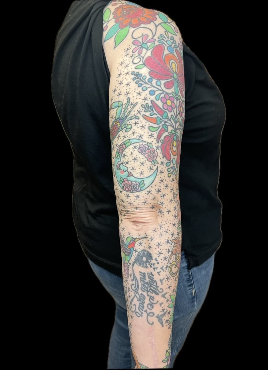Color + Illustrative flowers tattoo on Full Sleeve by Carmela_Bella on TattMe