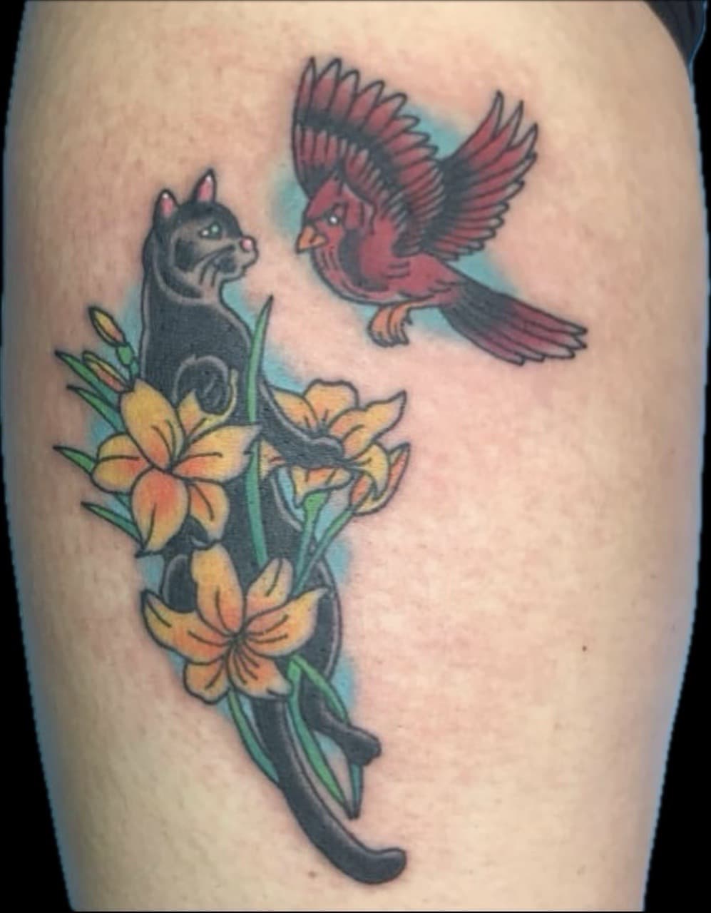 Traditional + Color cat tattoo on Calf by Carmela_Bella on TattMe