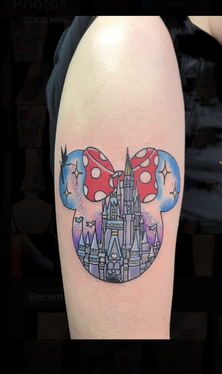 Color + Illustrative minnie mouse tattoo on Upper Arm by Carmela_Bella on TattMe