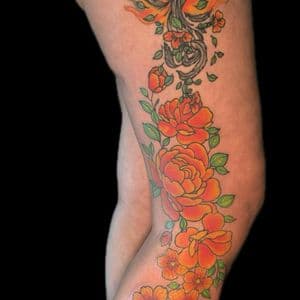 Color + Floral phoenix tattoo on Full Leg Sleeve by Carmela_Bella on TattMe