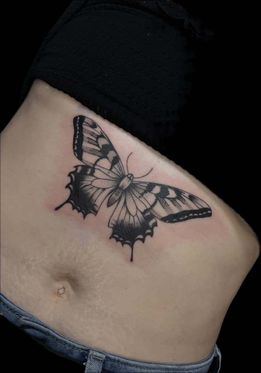 Black & Grey + Fine Line butterfly tattoo on Stomach by Carmela_Bella on TattMe