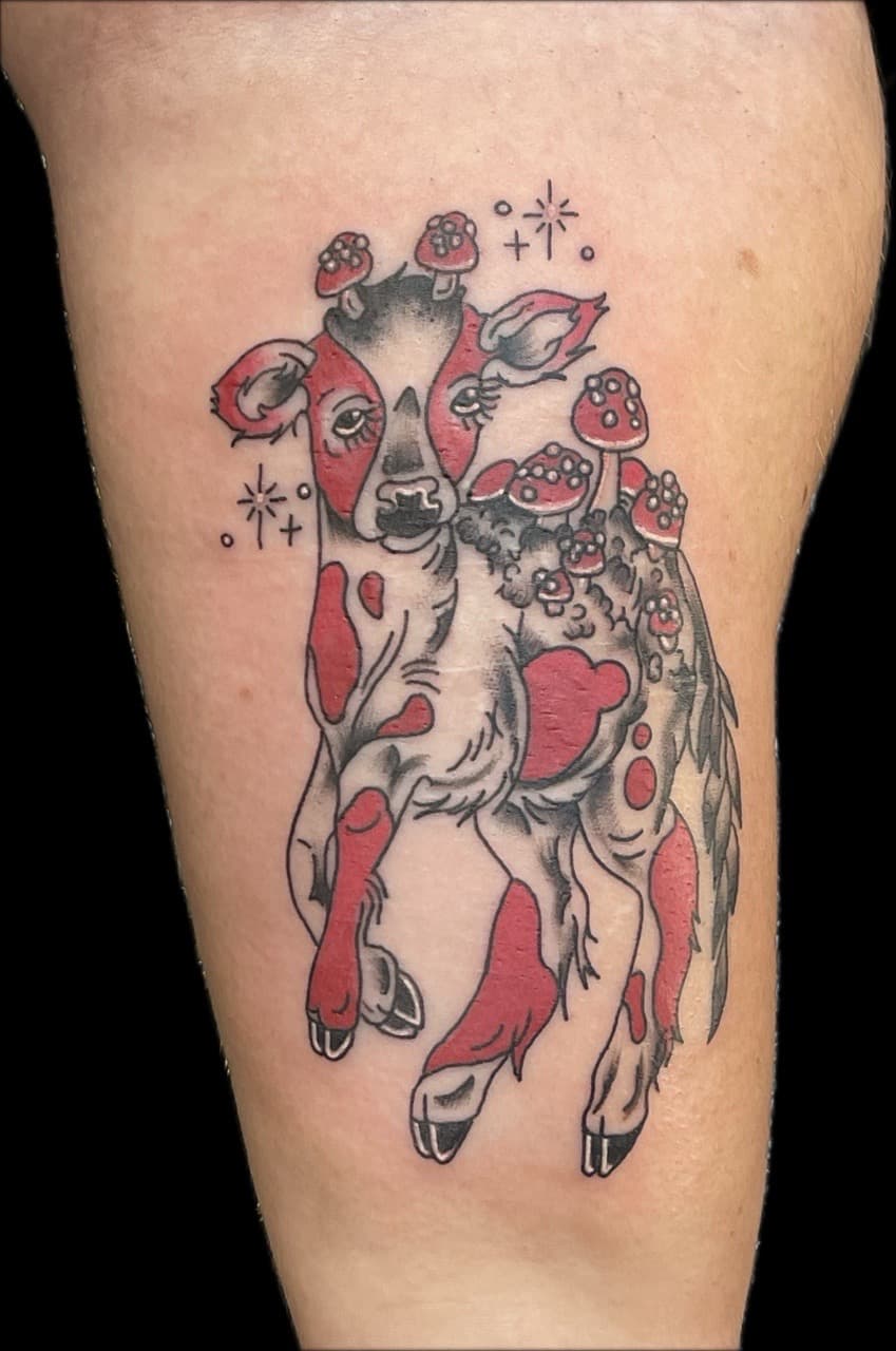 Illustrative + Color cow tattoo on Forearm by Carmela_Bella on TattMe
