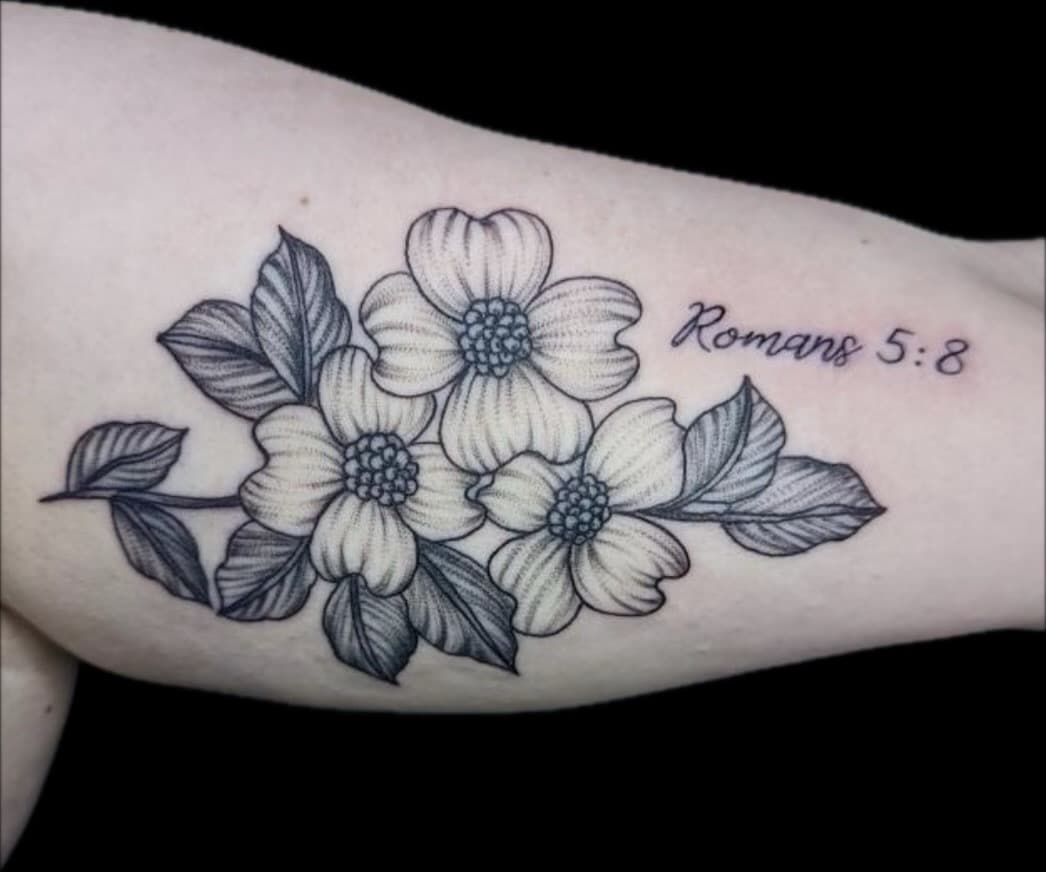 Black & Grey + Floral flowers tattoo on Upper Arm by Carmela_Bella on TattMe