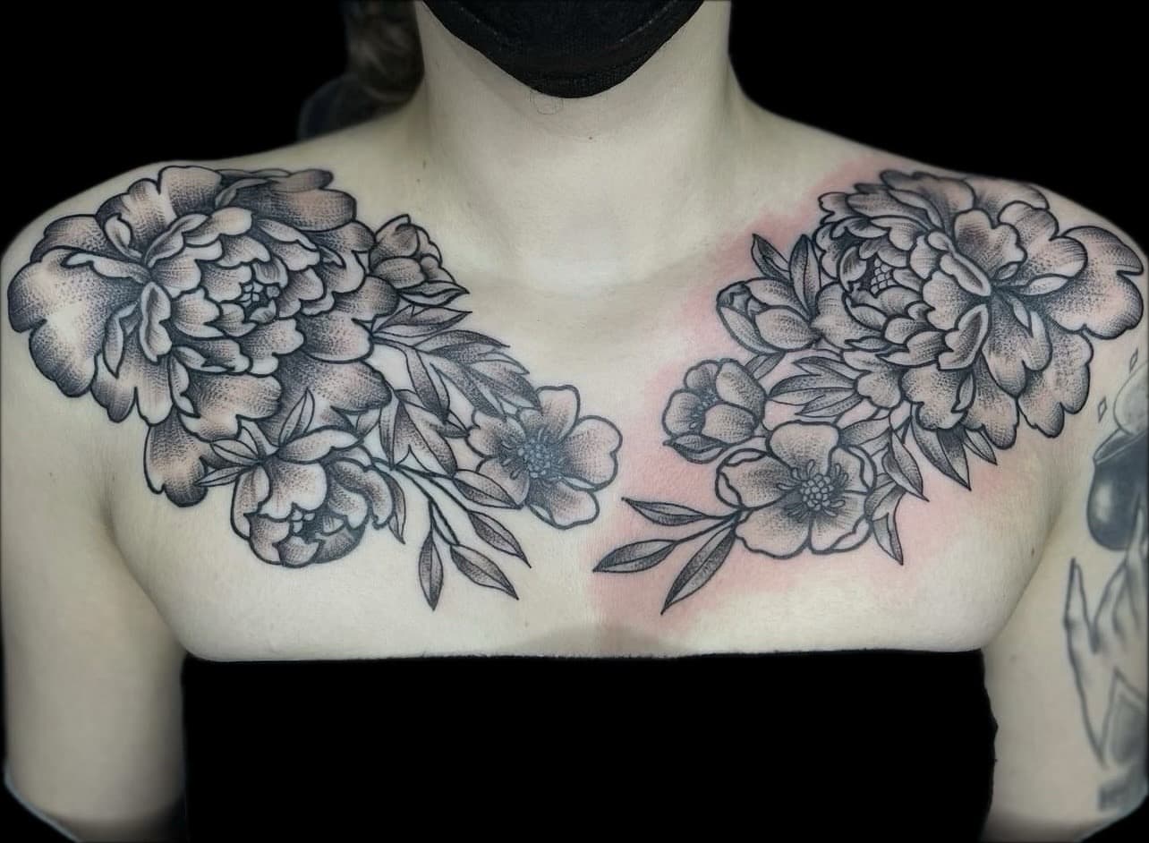 Floral + Black & Grey flowers tattoo on Chest by Carmela_Bella on TattMe