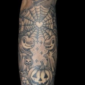 Black & Grey + Illustrative dinosaurs tattoo on Calf by Carmela_Bella on TattMe