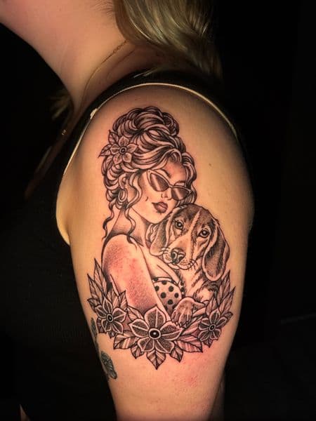 Black-work + Neo-Traditional pet tattoo on Upper Arm by Carmela_Bella on TattMe