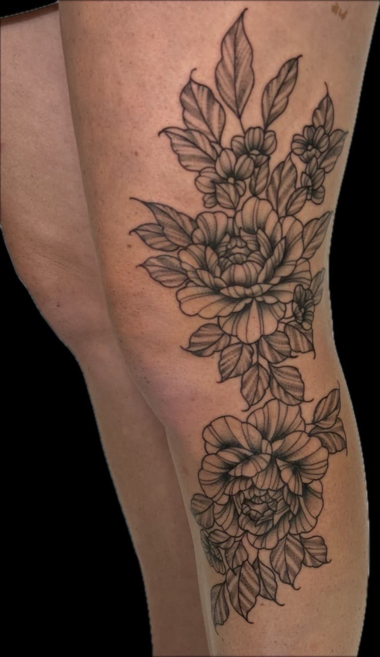 Black & Grey + Illustrative Realism flower tattoo on Knee by Carmela_Bella on TattMe