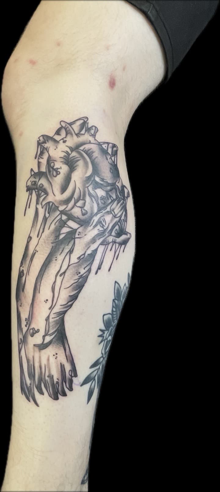 Black & Grey + Illustrative heart tattoo on Calf by Carmela_Bella on TattMe