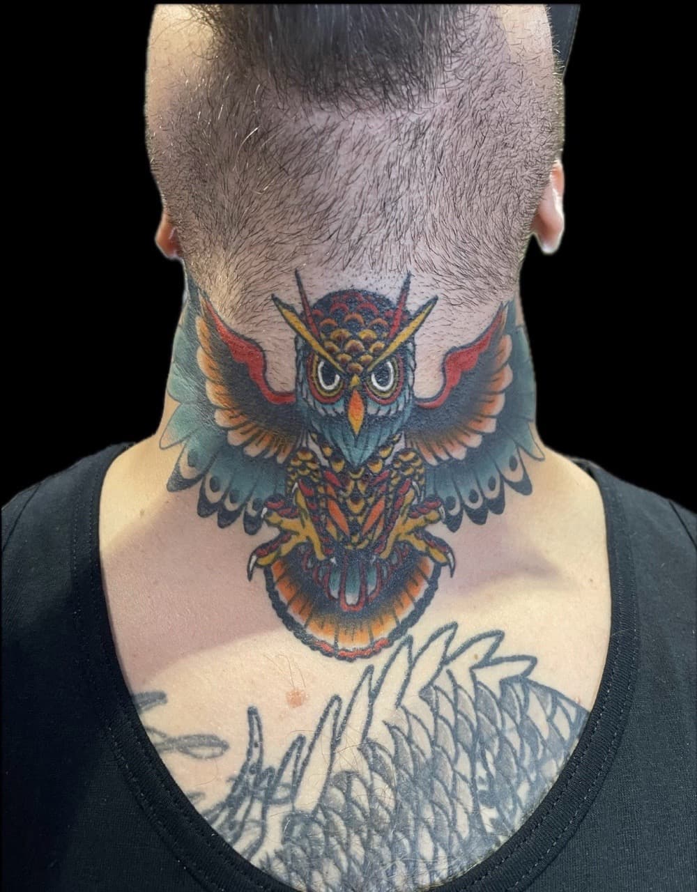 Traditional + Color owl tattoo on Neck (Front) by Carmela_Bella on TattMe