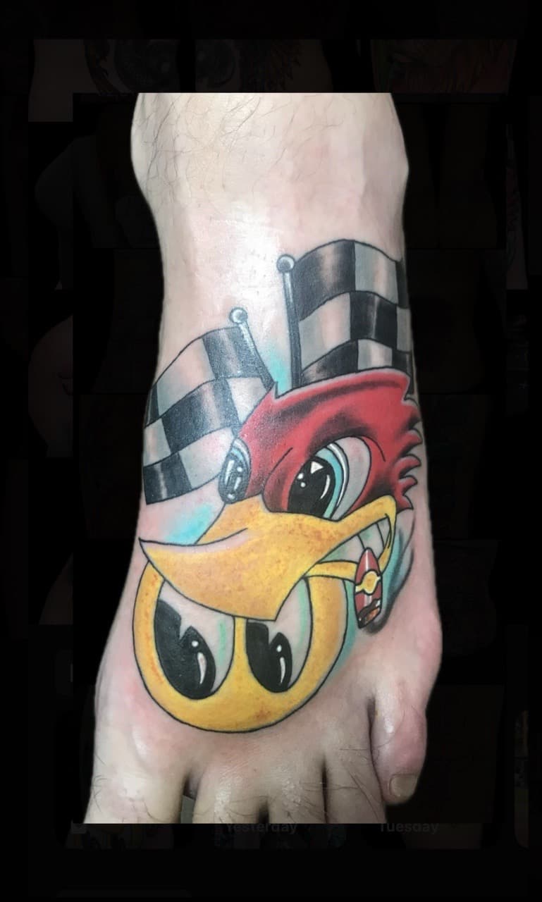Cartoon + New School bird tattoo on Foot by Carmela_Bella on TattMe