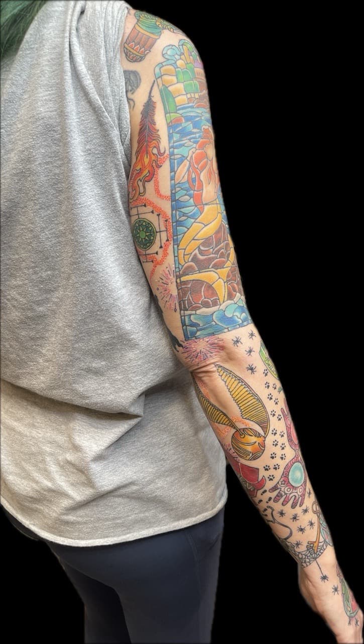 Color + Illustrative mermaid tattoo on Full Sleeve by Carmela_Bella on TattMe
