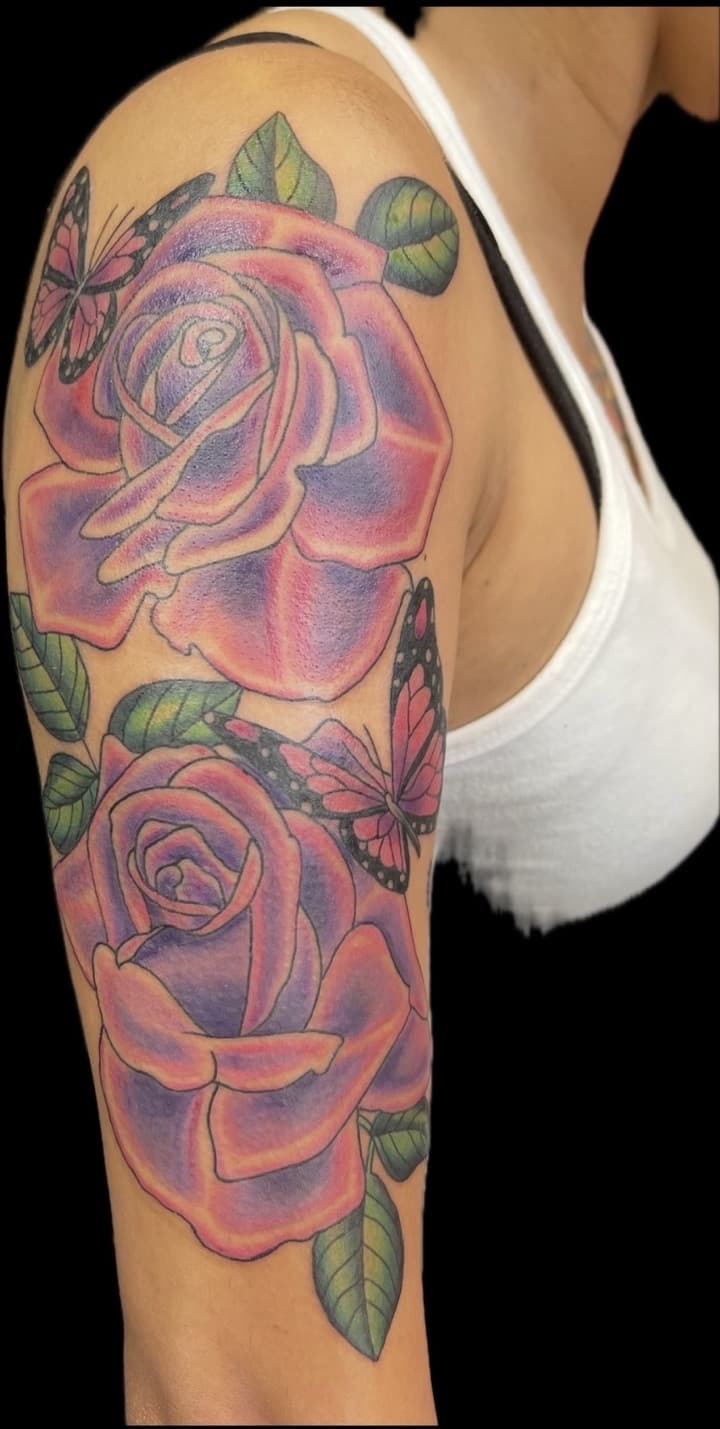 Floral + Color roses tattoo on Upper Arm by Carmela_Bella on TattMe