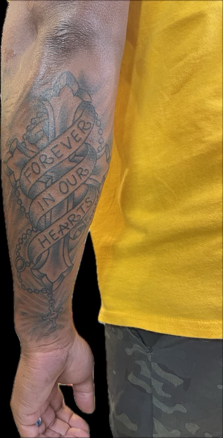 Black & Grey + Lettering scroll tattoo on Forearm by Carmela_Bella on TattMe