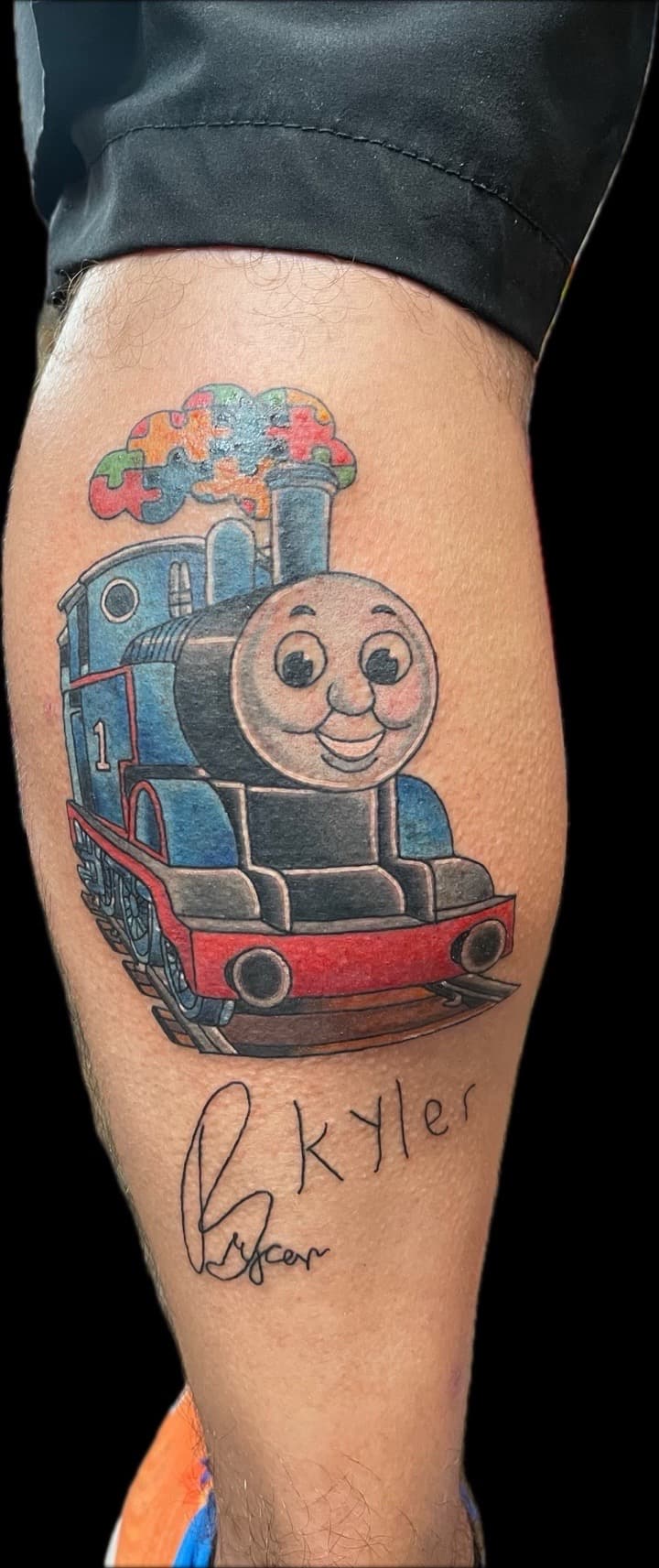Color + Cartoon train tattoo on Calf by Carmela_Bella on TattMe
