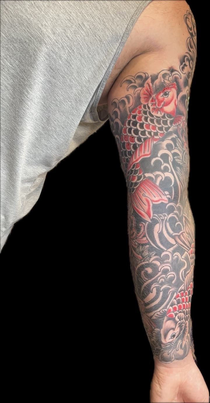 Japanese + Color koi fish tattoo on Full Sleeve by Carmela_Bella on TattMe