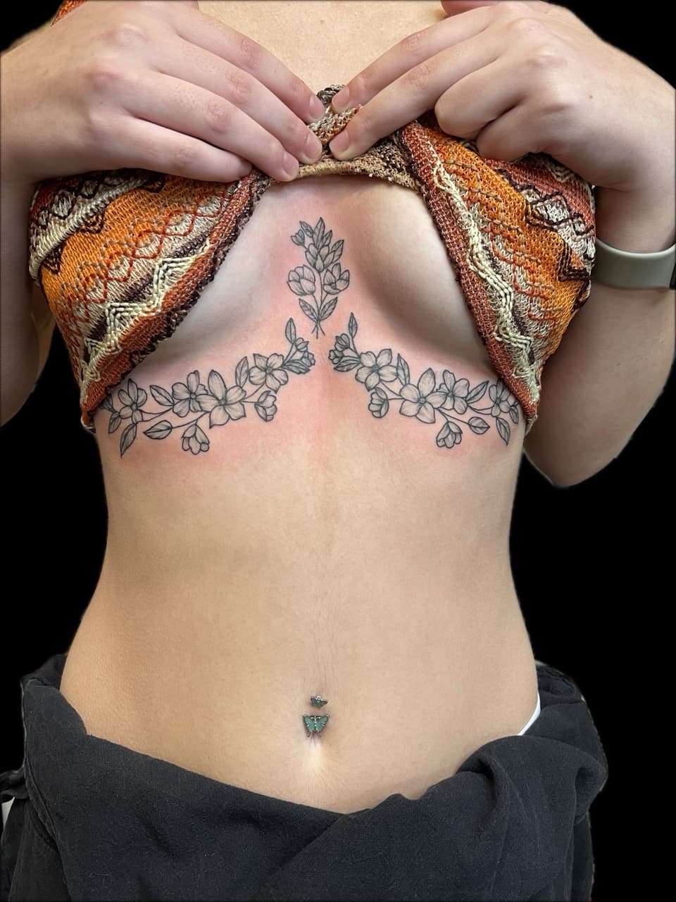 Fine Line + Floral flowers tattoo on Sternum by Carmela_Bella on TattMe