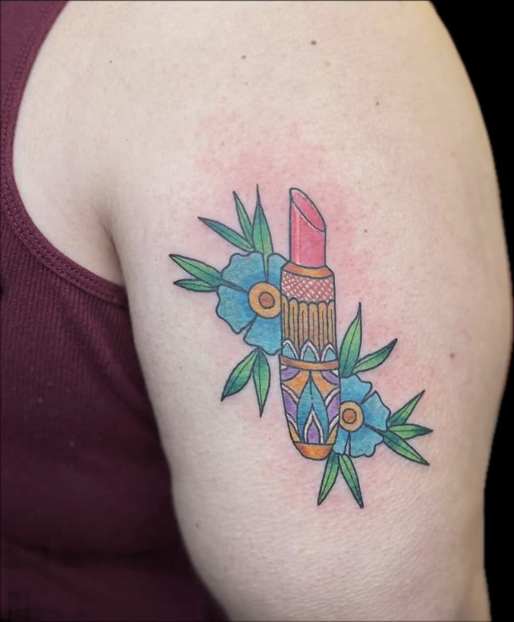 Neo-Traditional + Color lipstick tattoo on Upper Arm by Carmela_Bella on TattMe