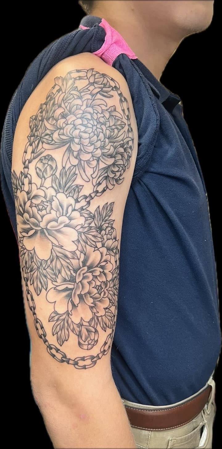 Black & Grey + Floral flowers tattoo on Half Sleeve by Carmela_Bella on TattMe