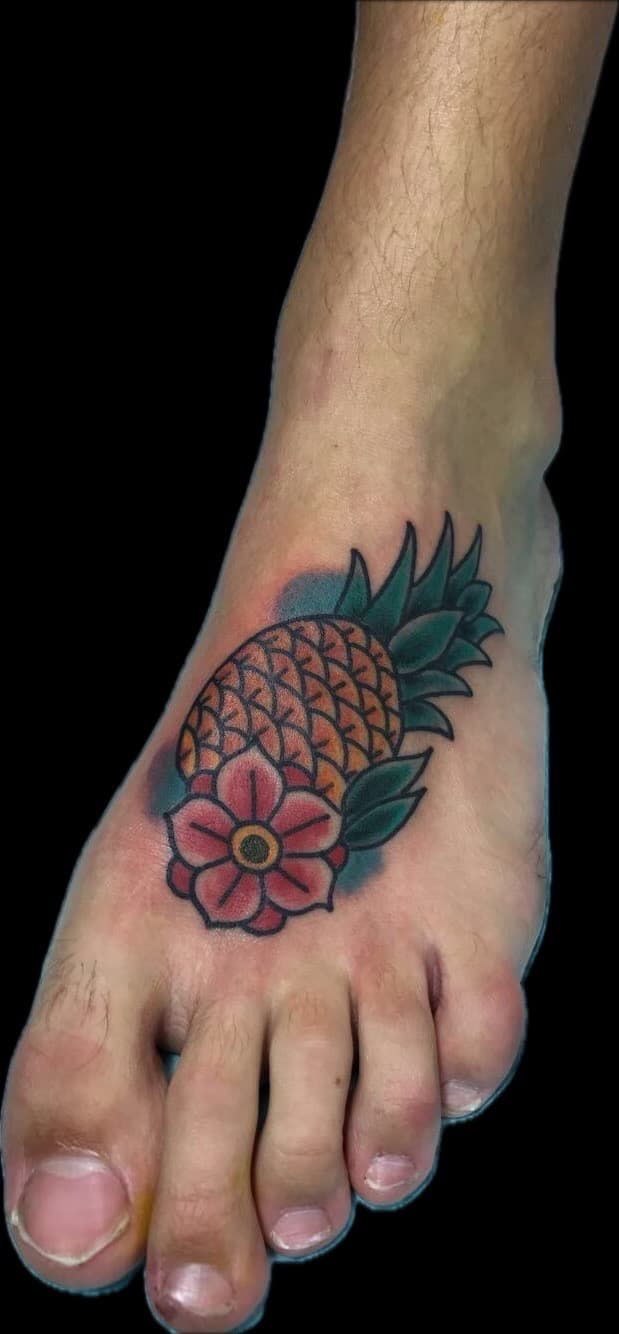 Traditional + American Traditional pineapple tattoo on Foot by Carmela_Bella on TattMe