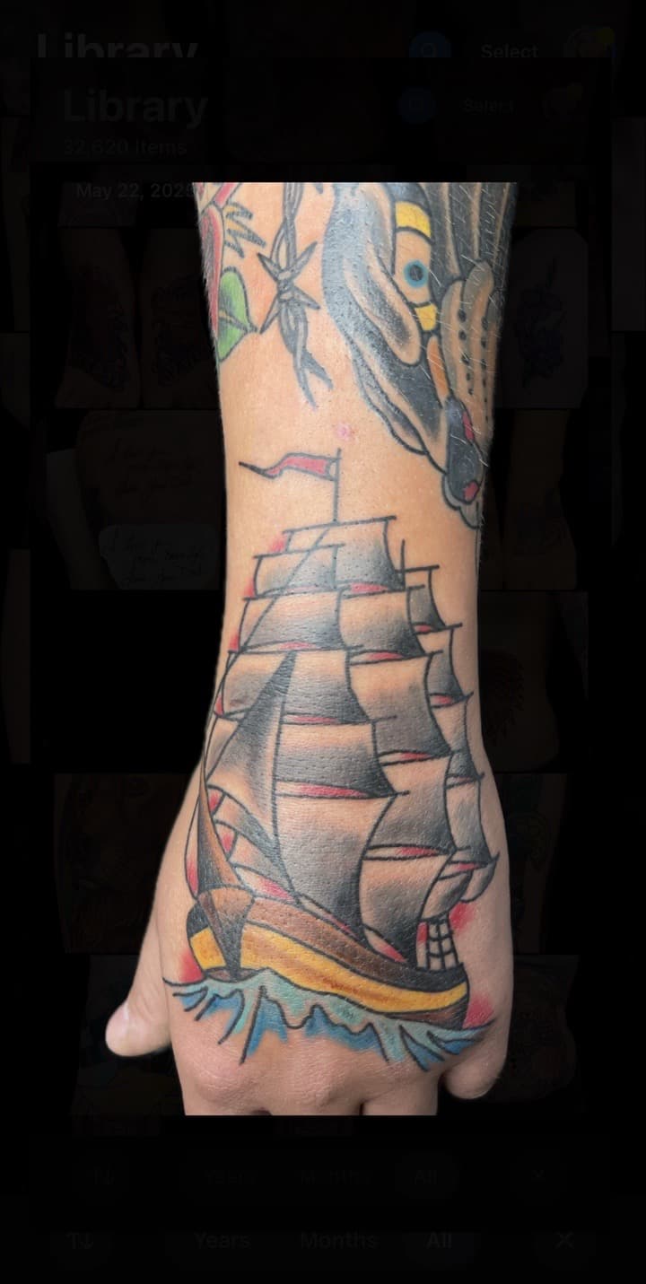 Traditional + American Traditional sailing ship tattoo on Hand by Carmela_Bella on TattMe