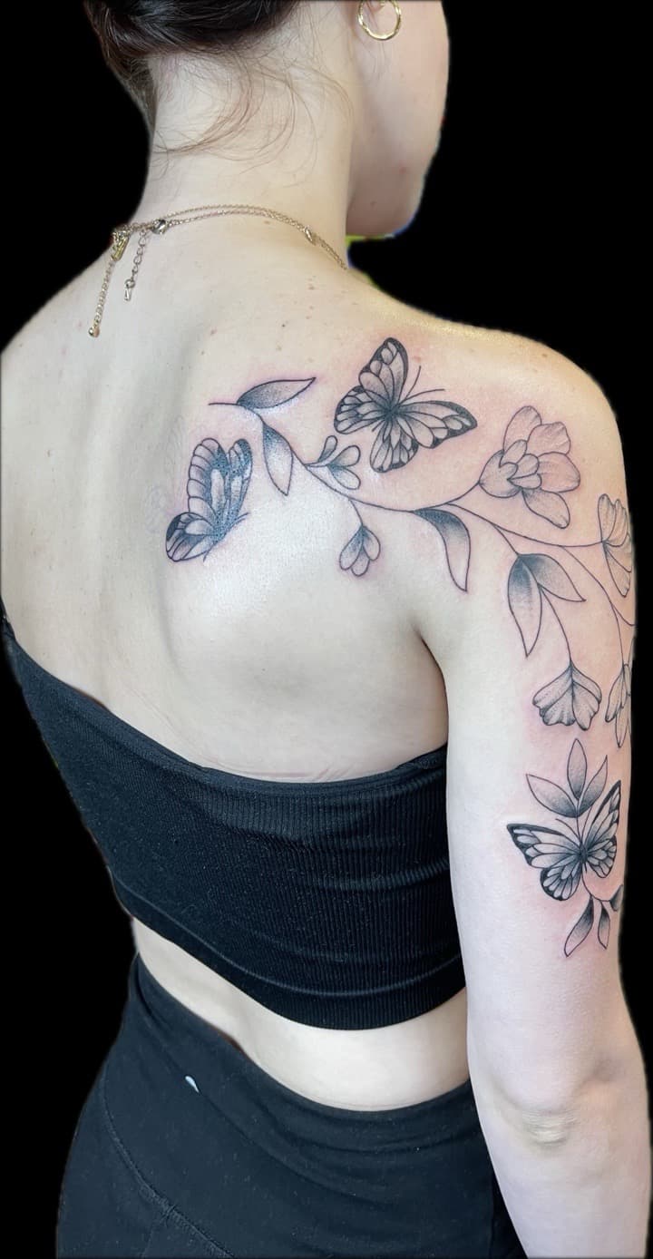 Fine Line + Black & Grey butterflies tattoo on Shoulder by Carmela_Bella on TattMe