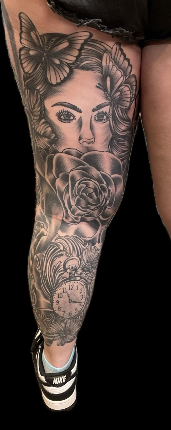 Black & Grey + Illustrative woman tattoo on Full Leg Sleeve by Carmela_Bella on TattMe