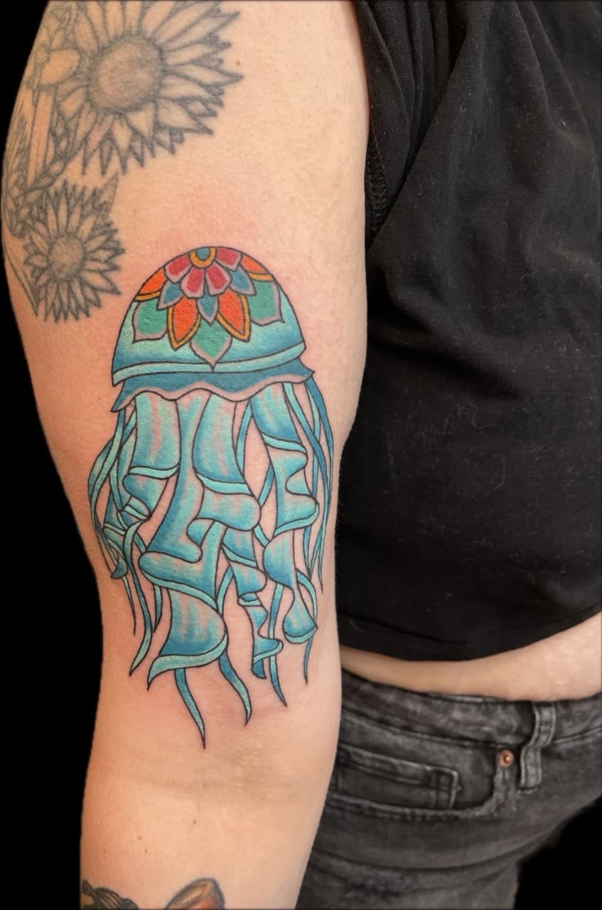 Color + New School jellyfish tattoo on Upper Arm by Carmela_Bella on TattMe