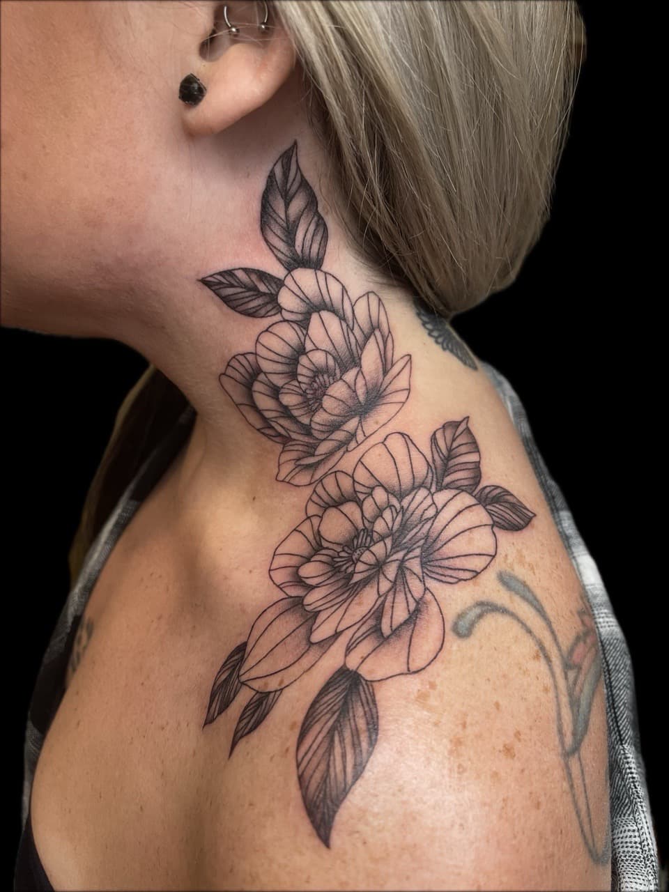 Fine Line + Floral flowers tattoo on Neck (Side) by Carmela_Bella on TattMe