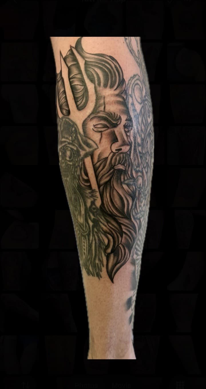 Black & Grey + Realism poseidon tattoo on Calf by Carmela_Bella on TattMe