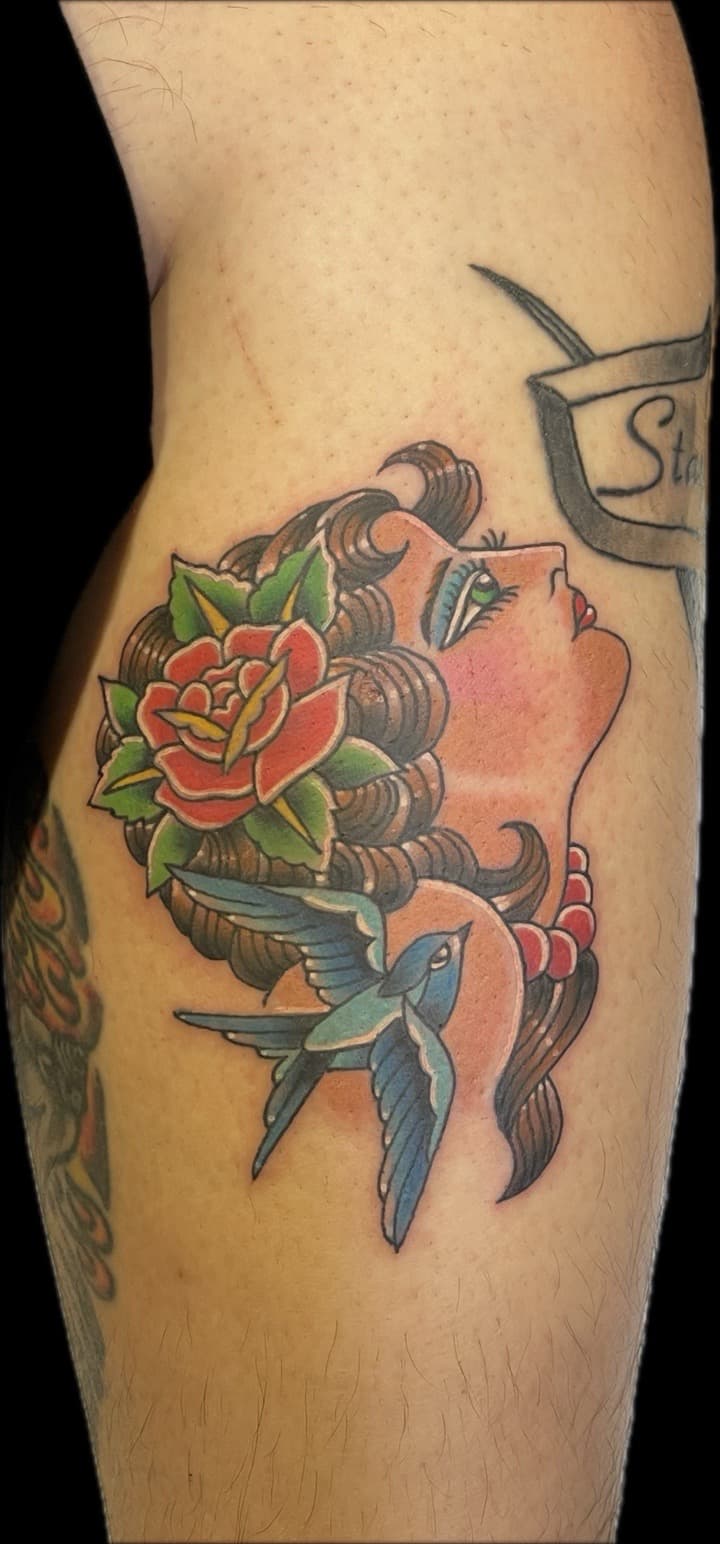 Traditional + American Traditional woman tattoo on Shin by Carmela_Bella on TattMe