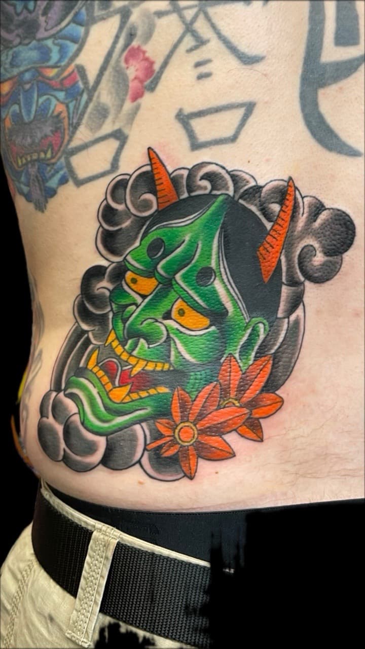 Japanese + Color hannya mask tattoo on Ribs by Carmela_Bella on TattMe