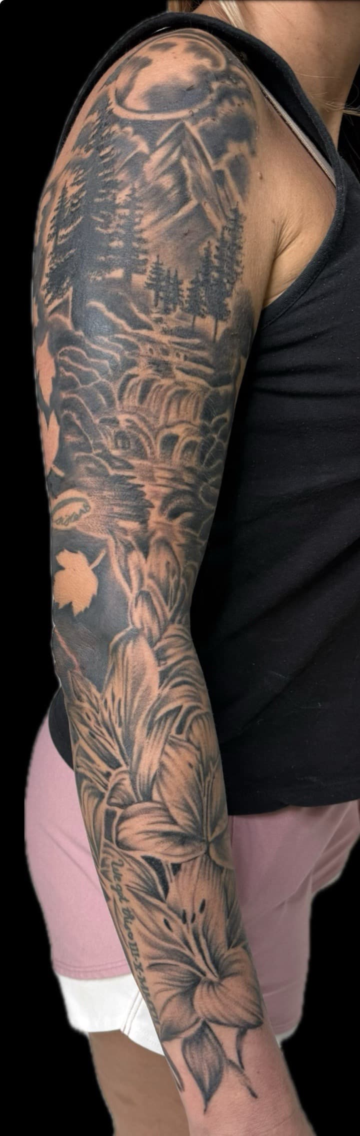 Black & Grey + Illustrative mountains tattoo on Full Sleeve by Carmela_Bella on TattMe