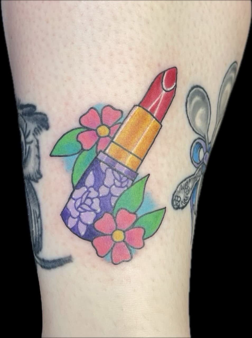 Traditional + Color lipstick tattoo on Ankle by Carmela_Bella on TattMe