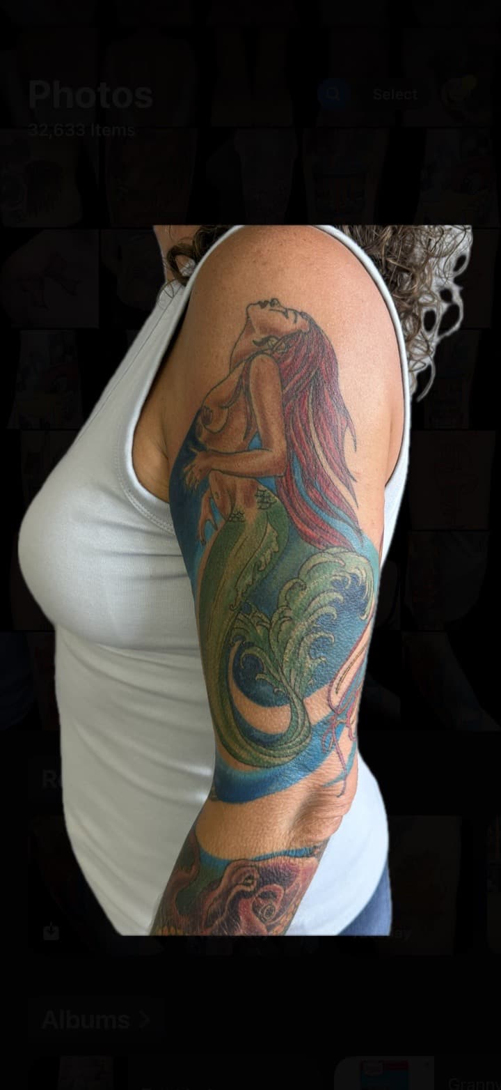Illustrative + Color mermaid tattoo on Half Sleeve by Carmela_Bella on TattMe