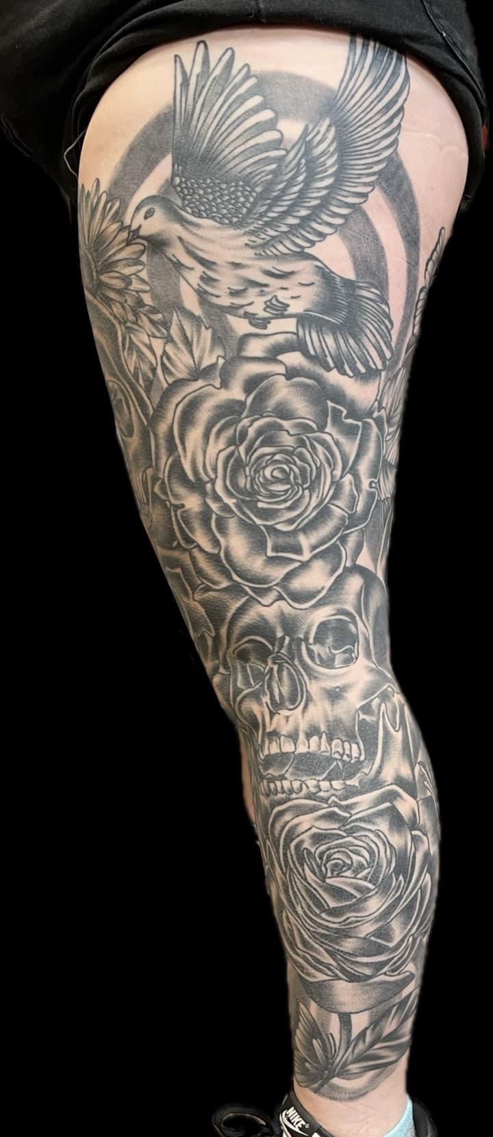 Black & Grey + Realism dove tattoo on Full Leg Sleeve by Carmela_Bella on TattMe