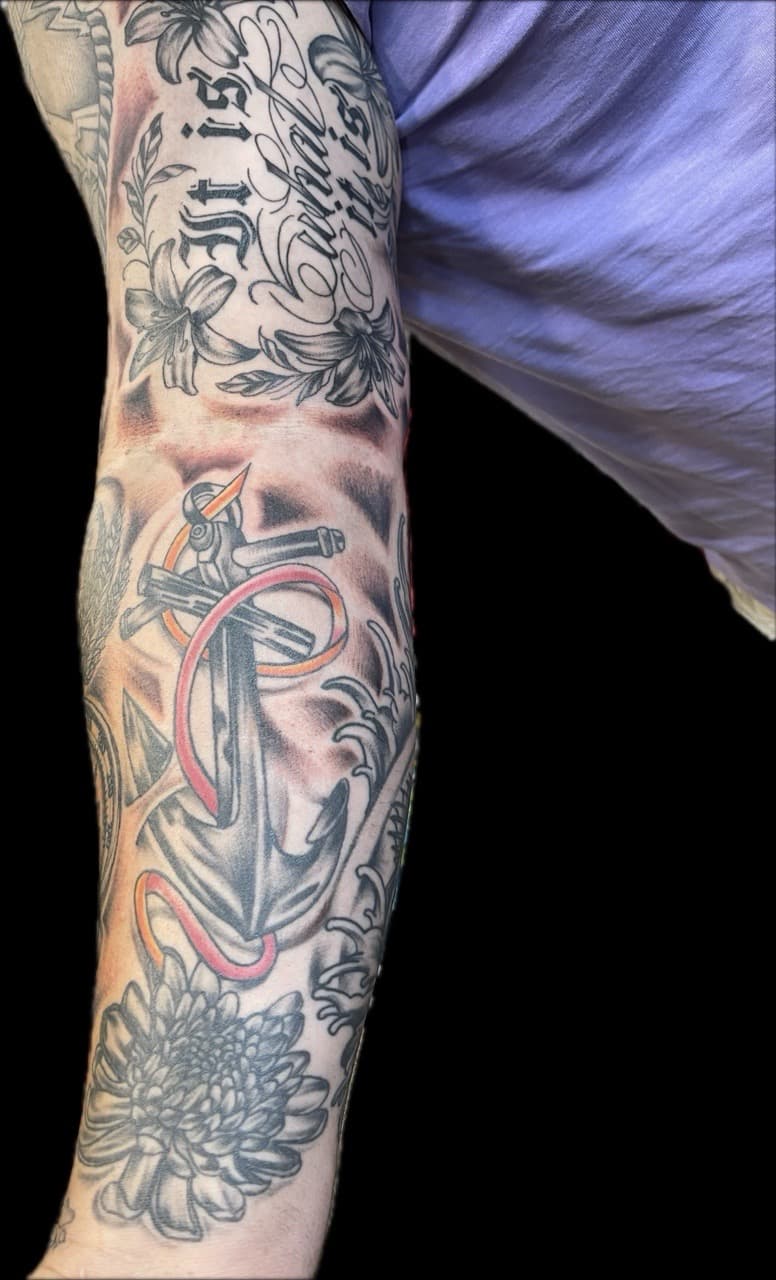 Black & Grey + Floral anchor tattoo on Full Sleeve by Carmela_Bella on TattMe