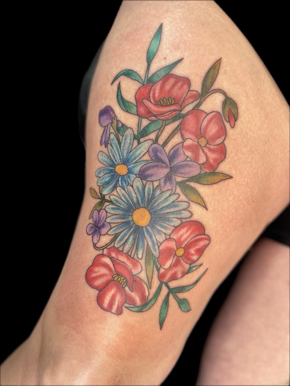 Floral + Color flowers tattoo on Thigh by Carmela_Bella on TattMe