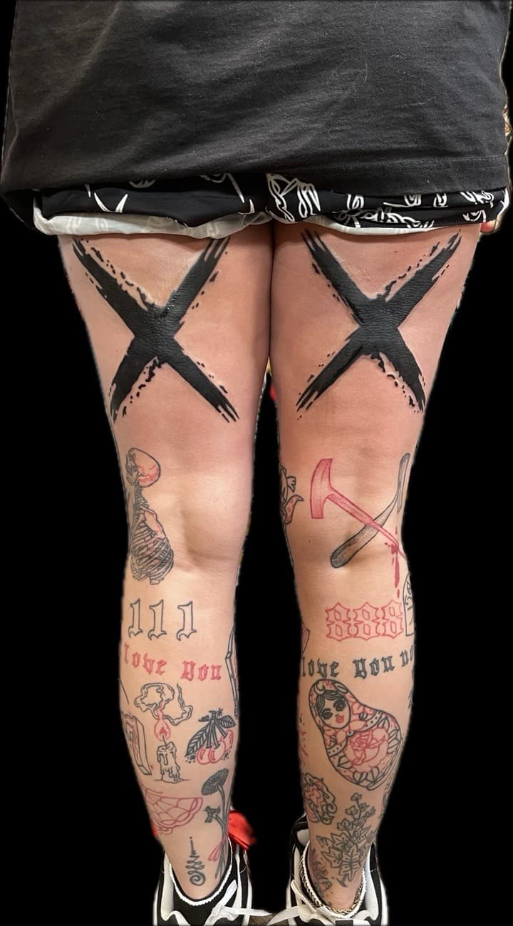 Black-work + Lettering x mark tattoo on Thigh by Carmela_Bella on TattMe