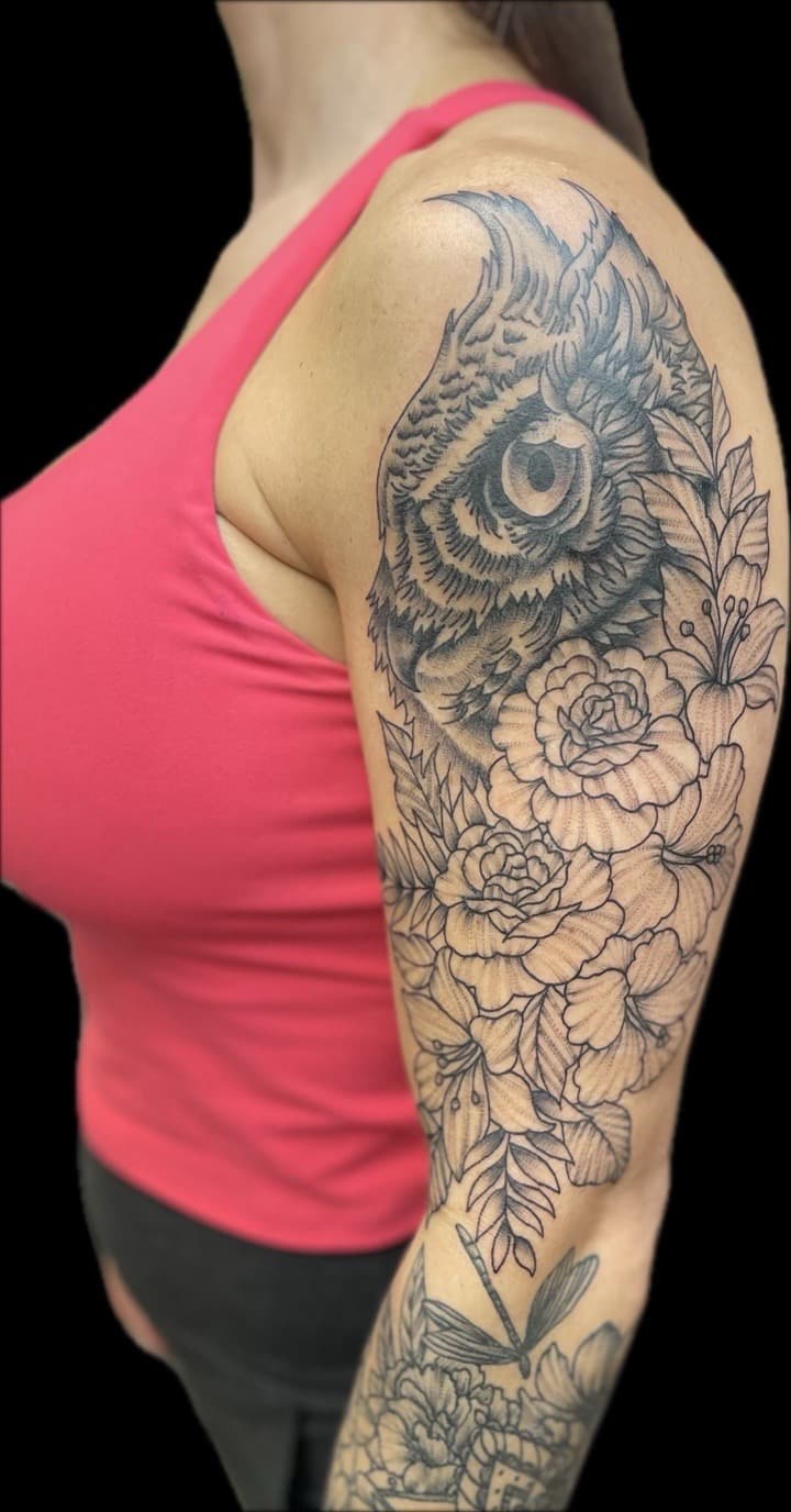 Black & Grey + Illustrative owl tattoo on Half Sleeve by Carmela_Bella on TattMe