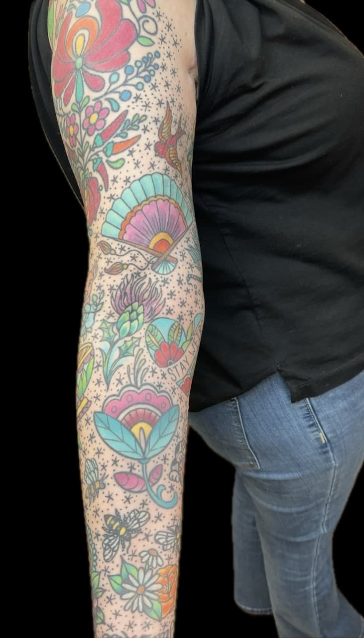 Traditional + Neo-Traditional flowers tattoo on Full Sleeve by Carmela_Bella on TattMe