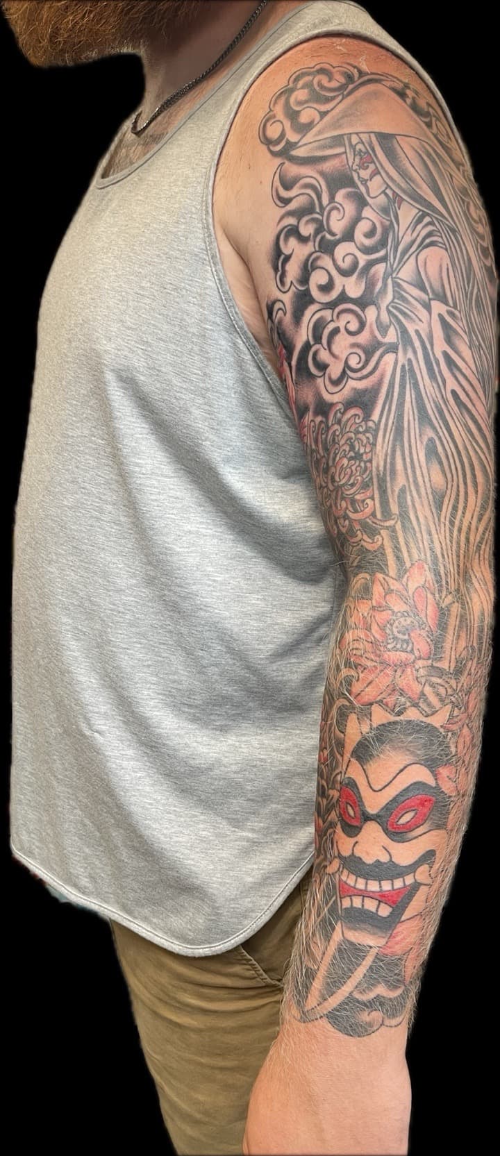 Japanese + Color mask tattoo on Full Sleeve by Carmela_Bella on TattMe