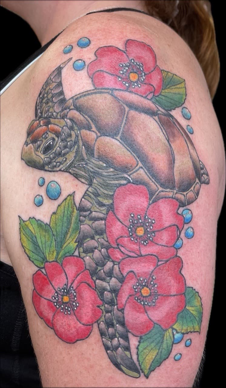 Color + Illustrative sea turtle tattoo on Upper Arm by Carmela_Bella on TattMe